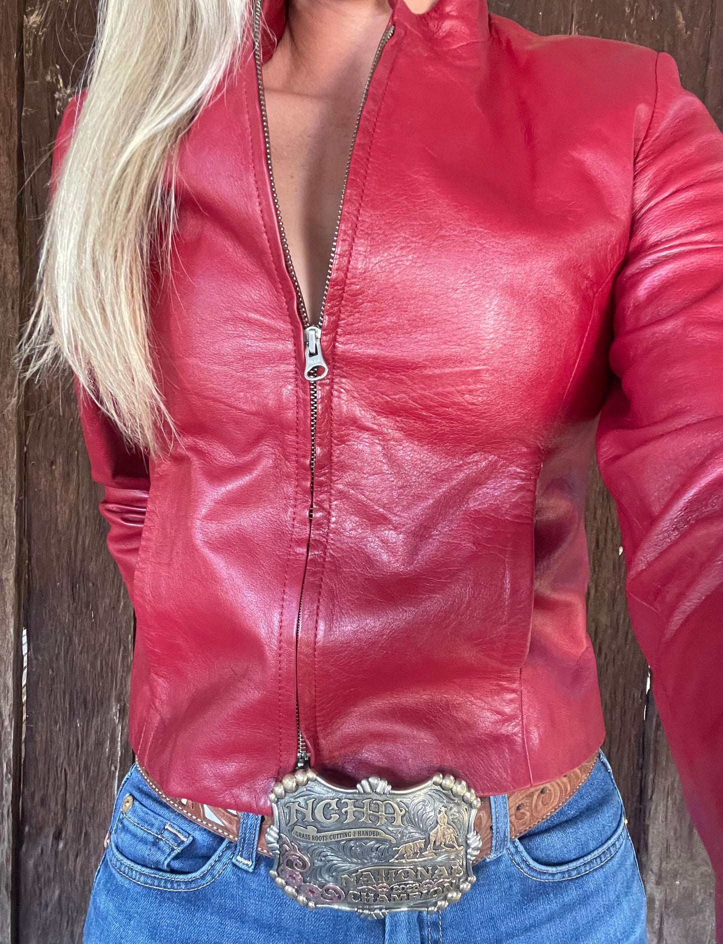 Red Italian leather jacket (XS/S)