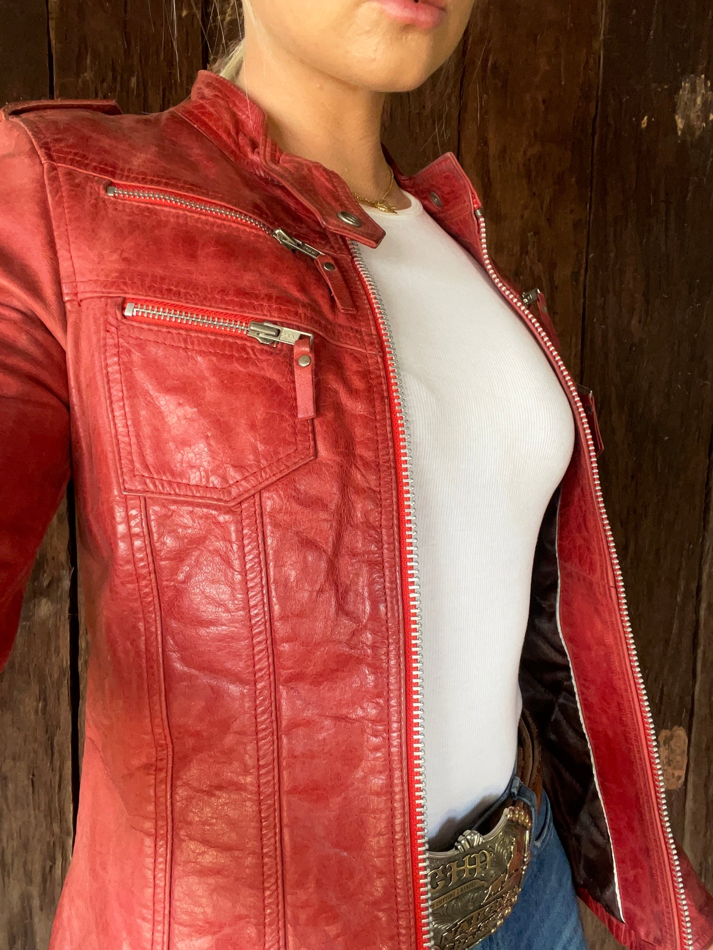 Red leather moto jacket (XS)
