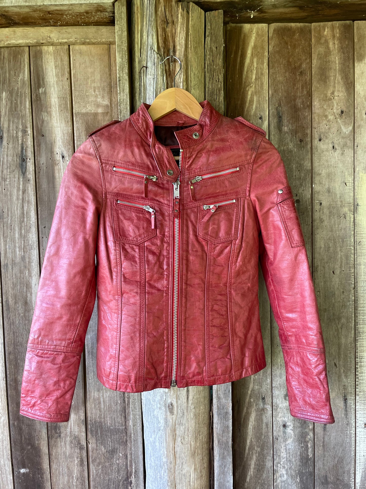 Red leather moto jacket (XS)
