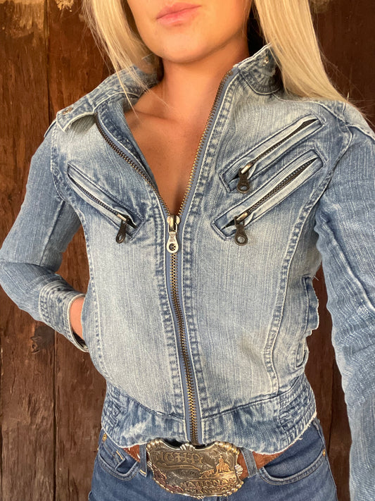 Vintage denim moto jacket (XS)