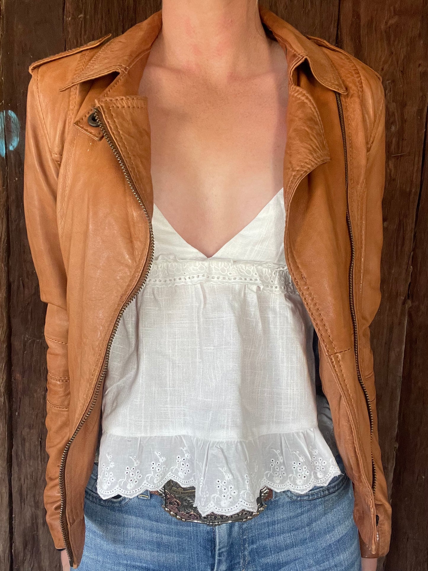 Vintage brown leather biker jacket (S)